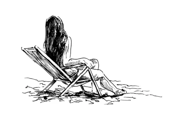 Croquis Main Une Femme Sur Une Chaise Plage Illustration Vectorielle — Image vectorielle