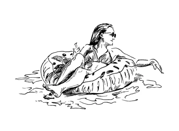 Ręczny Szkic Kobiety Nadmuchiwanym Kole Ilustracja Wektora — Wektor stockowy