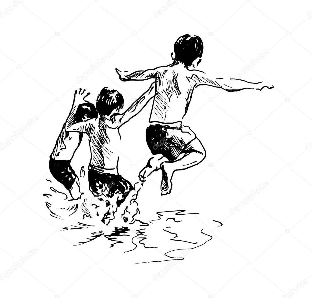 Hand sketch of boys jumping into the water. Vector illustration.