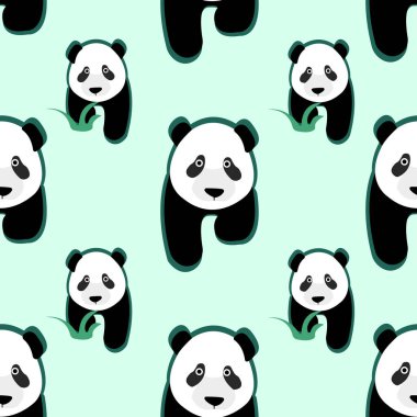 Çocuk kalıpları. Çimen desenli yürüyen bir panda. Hayvan temalı bir arka plan. Hoş bir arkaplan, duvar kağıtları, örtüler, çarşaflar, battaniyeler, çocuk odası.