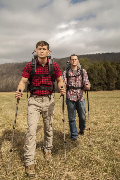 Hikers with backpacks in field — Stock Photo, Image