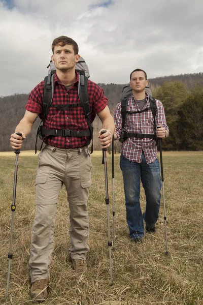 Hikers with backpacks in field — Stock Photo, Image