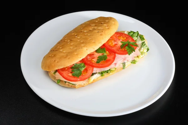 Delicious sandwich with tomatoes and chicken — Stock Photo, Image