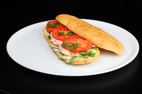 Delicious sandwich with tomatoes and chicken — Stock Photo, Image