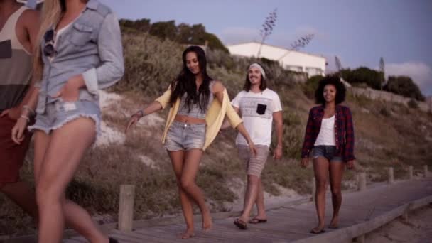 Freunde spazieren auf der Uferpromenade zum Strand — Stockvideo