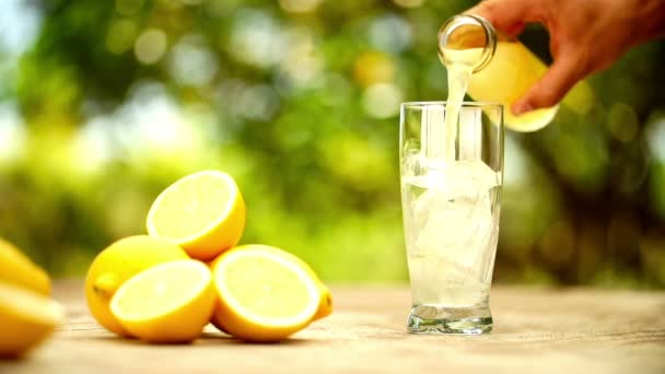 Succo di limone fresco versato nel bicchiere — Video Stock