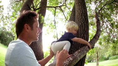 Baba oğul ağaca tırmanmaya yardım