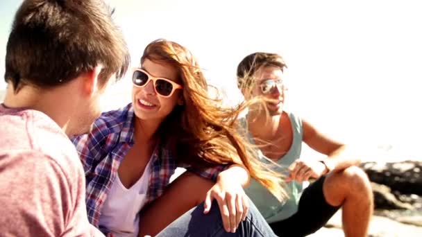 Друзі сидять на скелях на узбережжі — стокове відео