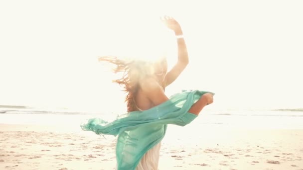 Girl with scarf at the beach — Stock Video