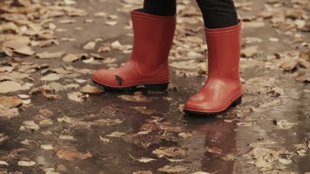 Child in rubber boots jumping in the puddle — Stock Video