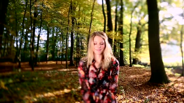 Girl throwing leaves in Autumn in slow motion — Stock Video