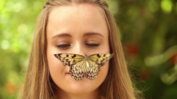 Девушка с бабочкой — стоковое видео