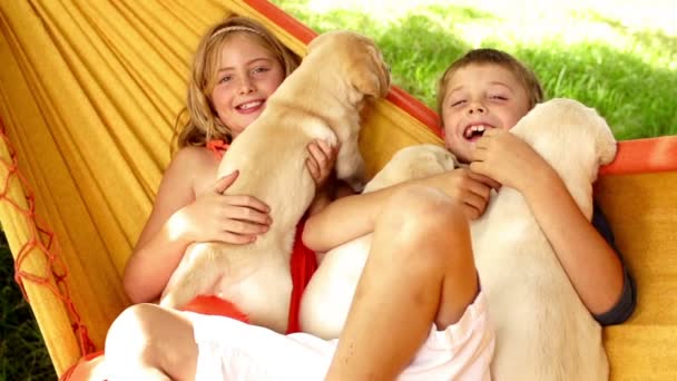ハンモックで横になっている子犬を持つ子ども — ストック動画
