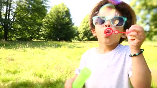 Boy having fun blowing soap bubbles — Stock Video