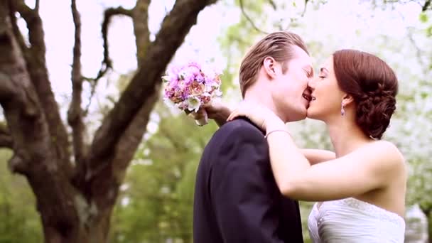 Поцелуи жениха и невесты — стоковое видео