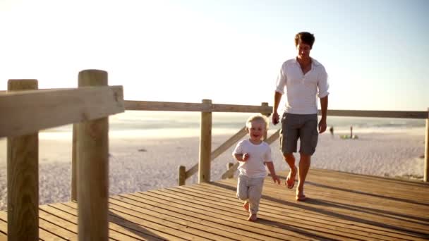 Vater und Sohn rennen auf Steg — Stockvideo