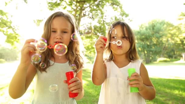 Girls blowing soap bubbles — Stock Video