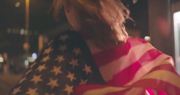 Rearview Young Woman American Flag Draped Her Shoulders Running Alone Stock Video