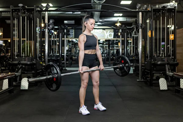 Spor kıyafetleri içinde uzun at kuyruklu, geniş spor kulübünde çalışırken halter kaldırma egzersizi yapan konsantre genç ve güçlü bayan sporcu.