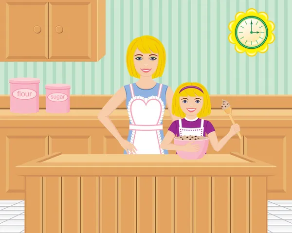 Madre e hija retro horneando en la cocina — Vector de stock