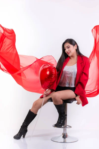 Latin Woman Holding Red Balloon Dressed Red Dress Isolated White — Foto Stock