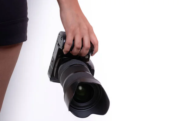 Latina Woman Hand Holding Camera Isolated White Background Photography Course — Zdjęcie stockowe