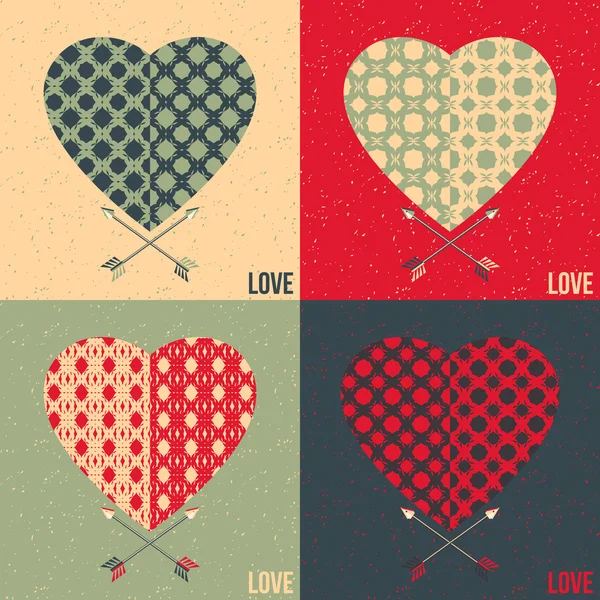 Set of 4 love cards. Heart and arrow — Stock Vector
