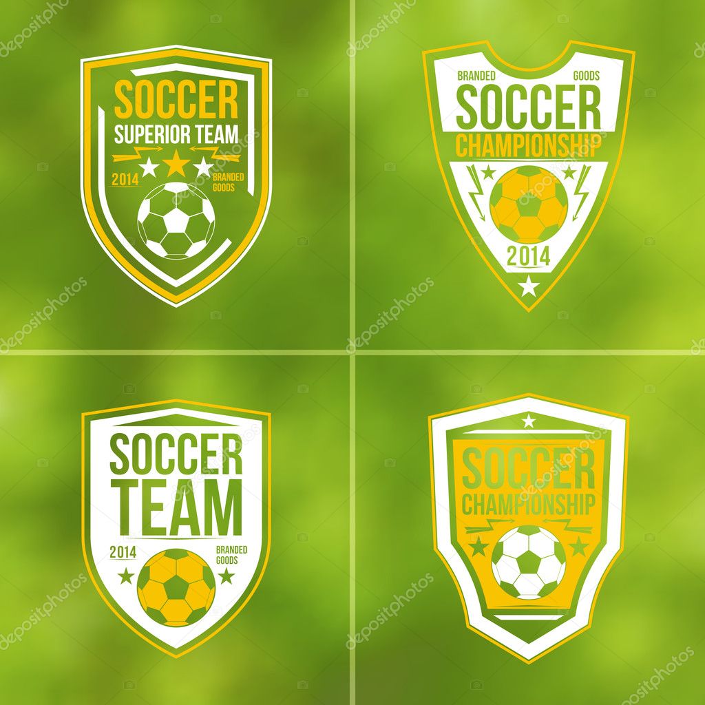 Soccer championship emblems in flat style on blurred background