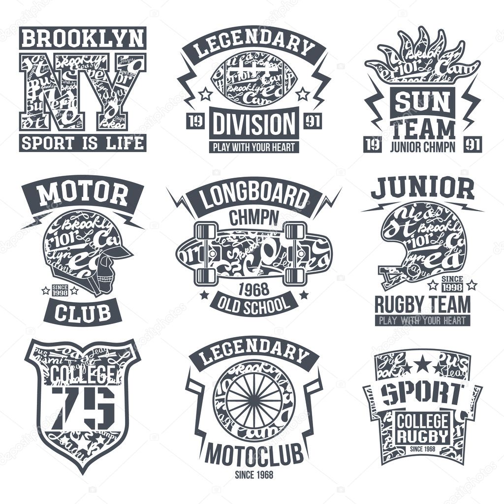 Rugby, moto, longboard college sport emblem graphic design for t-shirt. Monochrome print on a light background