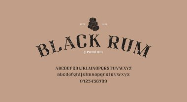 Alkol etiketi ve logo için dekoratif serif yazı tipi. Kaba desenli yazı tipi. Vektör illüstrasyonu