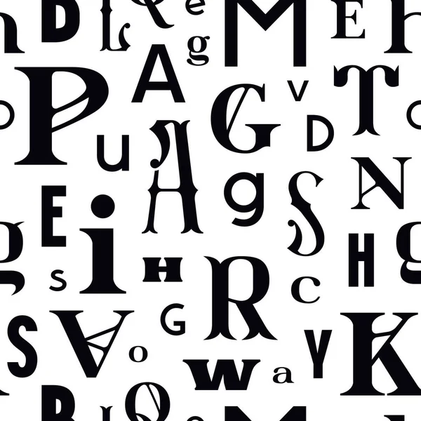 タイポグラフィの様々な文字のシームレスなパターン 白い背景に黒のプリント ベクターイラスト — ストックベクタ
