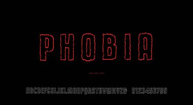 İçi boş serif el yapımı yazı tipi. Film, cadılar bayramı logosu ve manşet tasarımı için klasik desenli harfler ve numaralar. Vektör illüstrasyonu