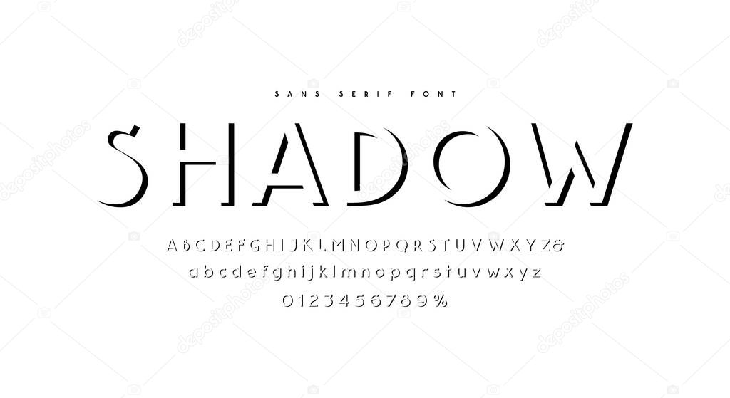 Decorative shadow sans serif font. Letters and numbers for logo and label design. Vector illustration