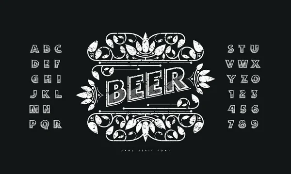 Etiqueta Decorativa Para Cerveza Fuente Sans Serif Ornamentada Letras Huecas — Vector de stock