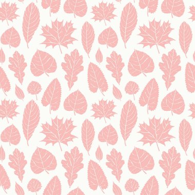 Ağaç yaprağı siluetleriyle kusursuz desen. Vektör çizimi. Beyaz arkaplanda pembe iz