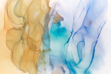 Soyut el boyası alkol mürekkebi dokusu. Tasarımınız için mavi ve kum sarısı yaratıcı arkaplan