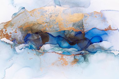 Soyut el boyası alkol mürekkebi dokusu. Tasarımınız için mavi, altın ve gri renkli yaratıcı arkaplan