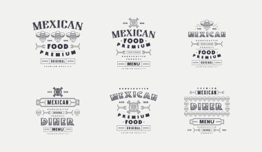Meksika yemek menüsü için tipografi etiketi seti. İnce çizgi biçiminde tasarım elemanları. Vektör illüstrasyonu