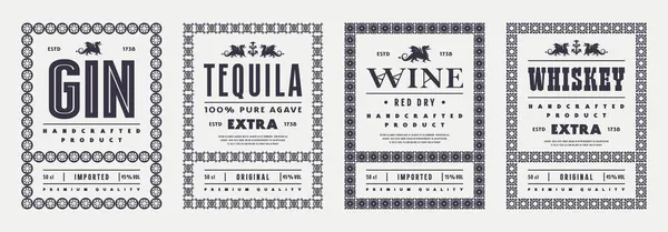 Zestaw Dekoracyjnych Etykiet Whisky Gin Tequilę Wino Typografia Smoczą Sylwetką — Wektor stockowy