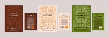 Viski, şampanya, elma şarabı ve diğer alkollü içecekler için dekoratif etiketler. İnce çizgili çiçek süsü. Vektör illüstrasyonu