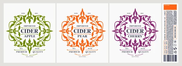 Set Sjabloon Decoratieve Label Voor Cider Appel Peer Kersensmaak Bloemen — Stockvector