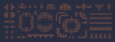 Rönesans tarzı çiçek süsü seti. İnce çizgiler. Vektör çizimi. Siyah arkaplanda izole