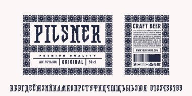 Viking tarzında Kiril alfabesi yazı tipi. Pilsner birası için şablon etiketi. Logo ve amblem tasarımı için harfler ve numaralar. Vektör illüstrasyonu