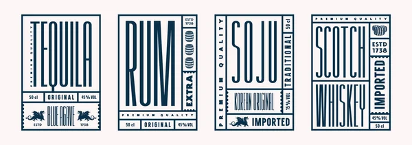 Sada Šablonového Štítku Whisky Soju Tequilu Rum Typografie Siluetou Draka — Stockový vektor