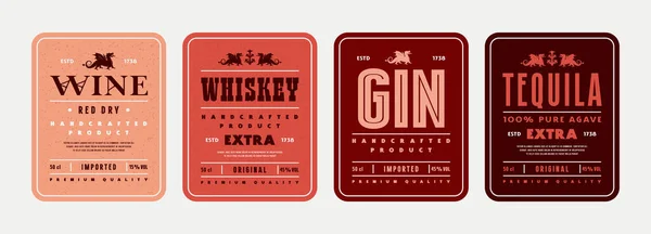 Set Sjabloon Voor Whisky Gin Tequila Wijn Typografie Met Drakensilhouet — Stockvector
