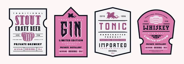 Set Sjabloon Etiketten Voor Whisky Gin Tonic Bier Vectorillustratie — Stockvector