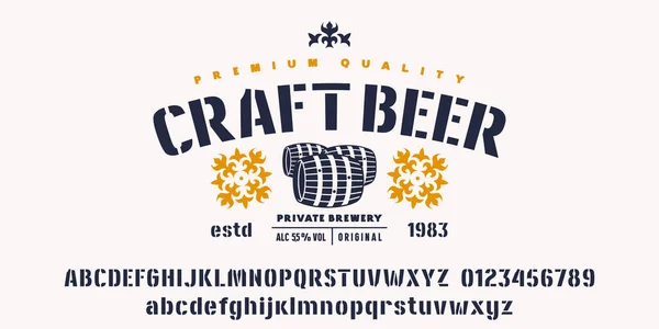 ステンシルプレートは 古典的なスタイルのセリフフォントです クラフトビール用のテンプレートラベル 小文字と大文字と数字 大胆な顔だ ベクターイラスト — ストックベクタ