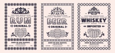 Set of template decorative label for rum, whiskey, beer and other alcohol drink. Floral ornament and decorative frame. Vector illustration