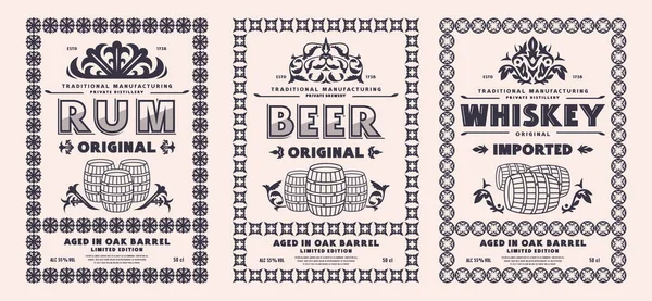 Set Template Decorative Label Rum Whiskey Beer Other Alcohol Drink — Vetor de Stock