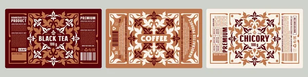 Set Template Decorative Label Tea Coffee Chicory Ornament Medieval Style — Vetor de Stock